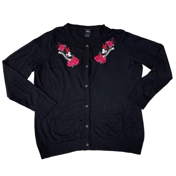 Disney Sweaters - Disney Minnie Mouse Rose Embroidered Cardigan Sweater Black Womens